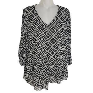 Alfani Womens Top PL Petite Black White Geometric Asymmetrical Hem Nylon V Neck